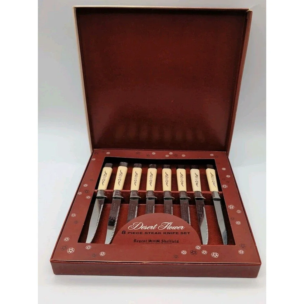 Royal Sheffield Desert Flower Steak Knives 8 Pc England 1960's